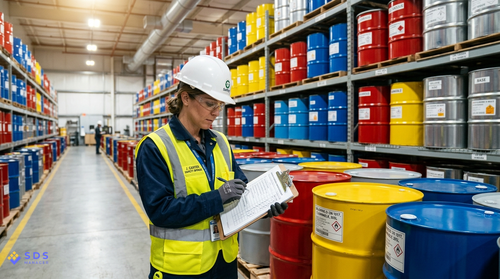 Safety Officer Auditing Labelled Chemical Drums in Warehouse