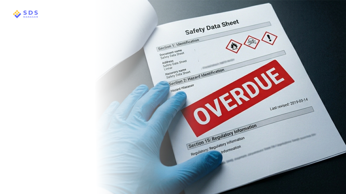 A blue nitrile-gloved hand holds an open safety data sheet stamped OVERDUE.