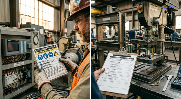 Worker Reviewing Safety Work Practice Card and Job Procedure Checklist in Industrial Workshop