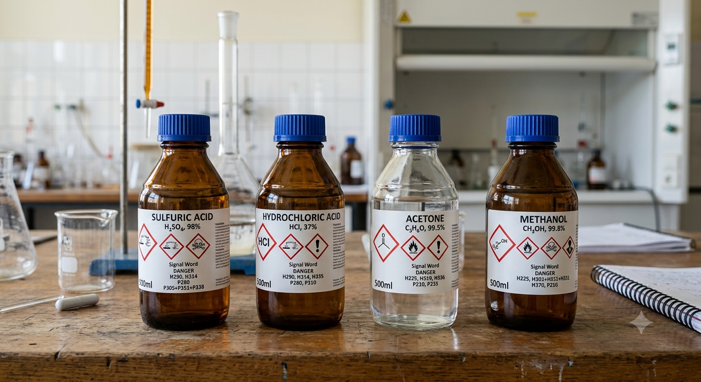 Chemical bottles with proper GHS Labels