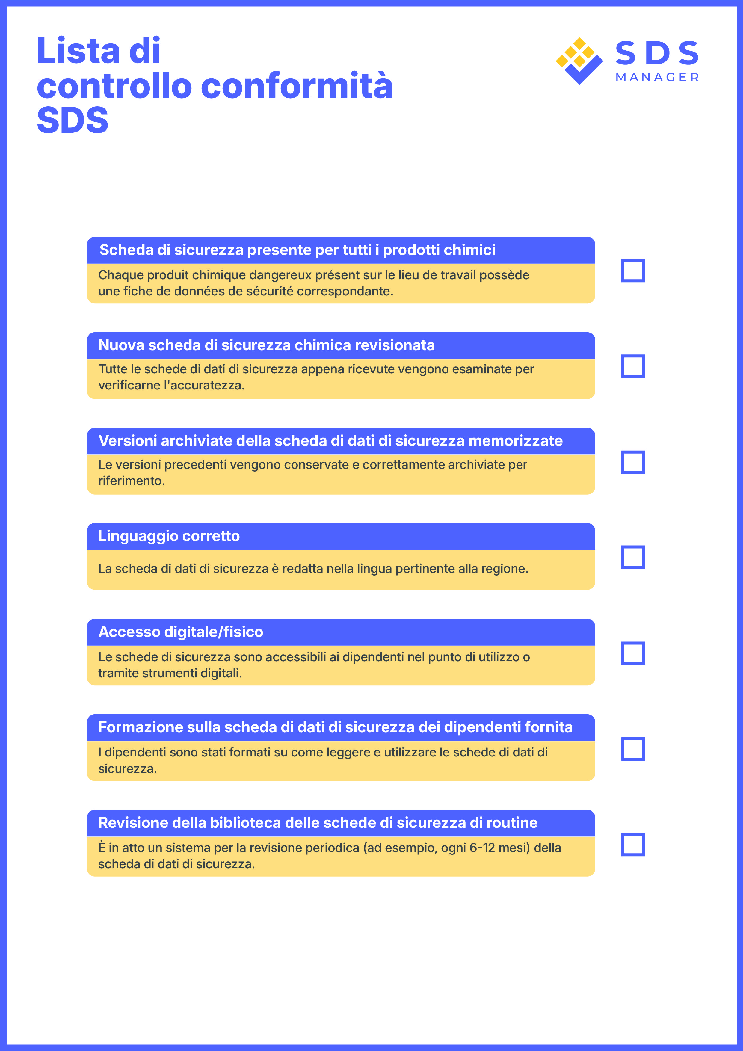 Lista di controllo per la conformità alla SDS