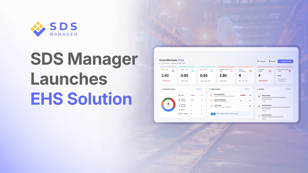 SDS Manager launches an EHS solution covering incident reporting, investigation, risk management, and regulatory compliance.