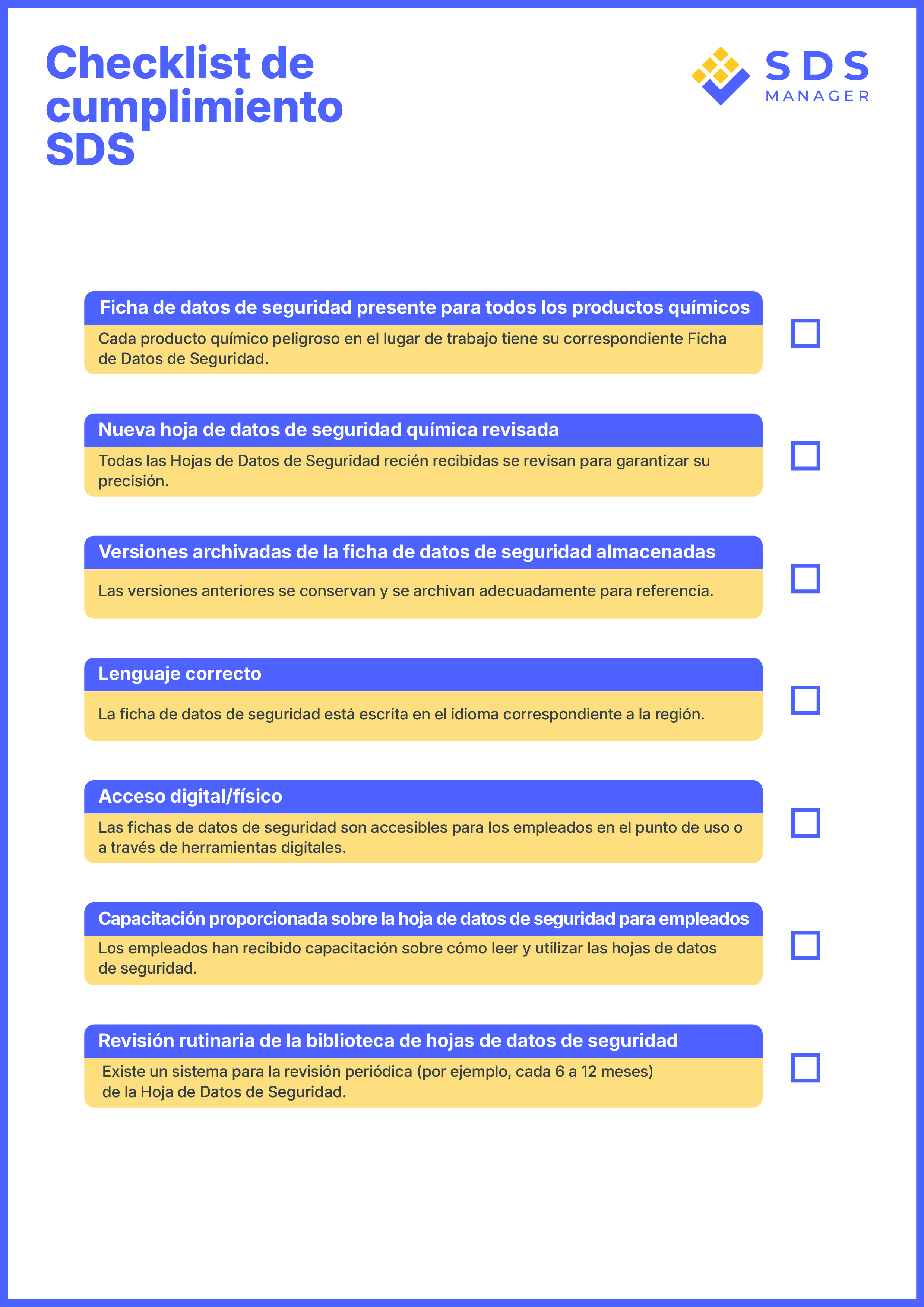 lista de verificación de cumplimiento de la ficha de datos de seguridad