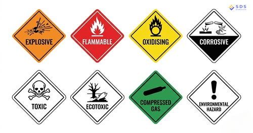 Eight GHS hazard diamond symbols