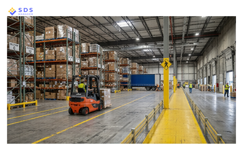 Warehouse with defined walkway and forklift aisles