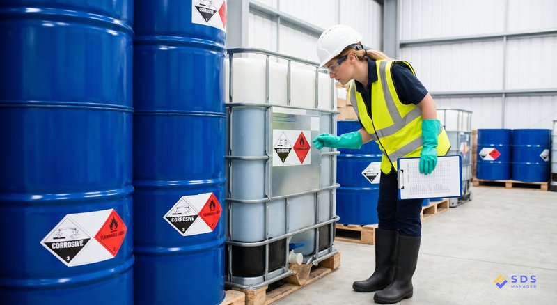 Safety Officer Inspecting Dangerous Goods In Warehouse